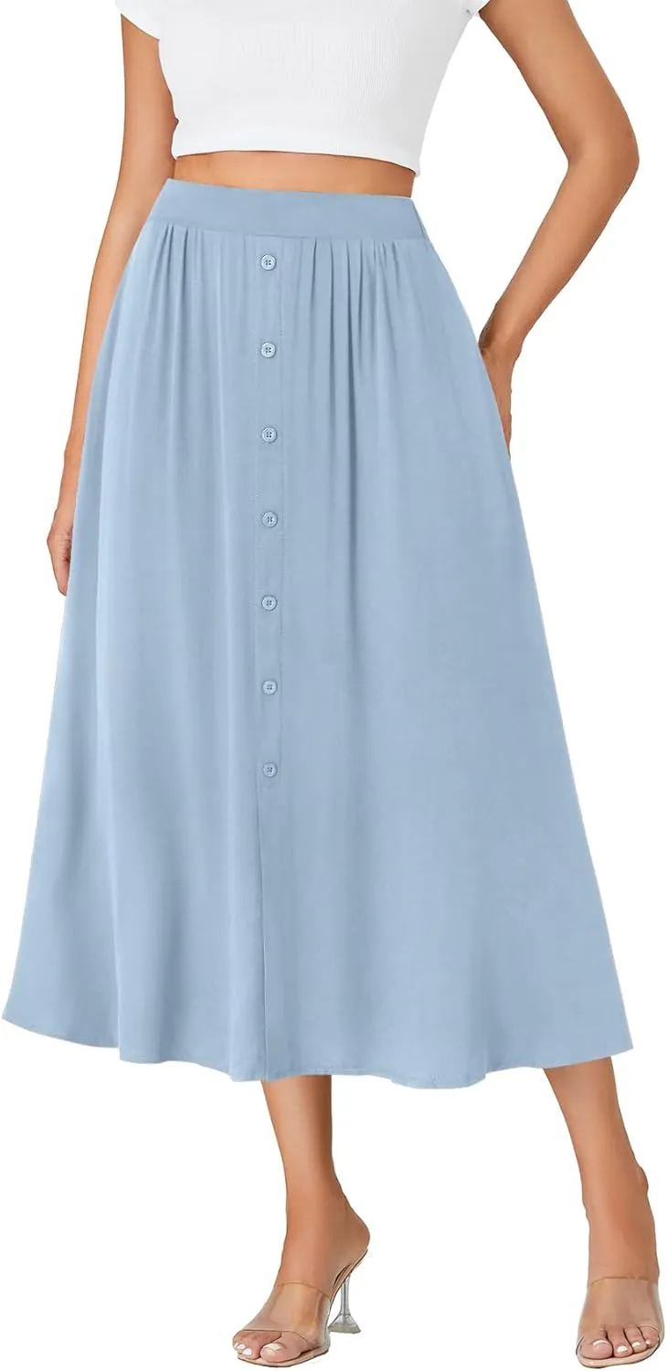LYANER Women's High Elastic Waist Pleated Flare A Line Midi Skirt with Pockets