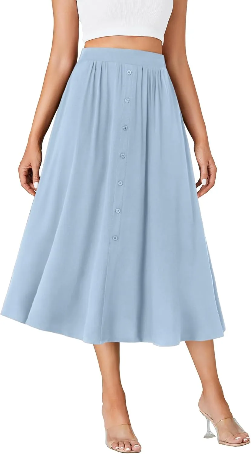 LYANER Women's High Elastic Waist Pleated Flare A Line Midi Skirt with Pockets