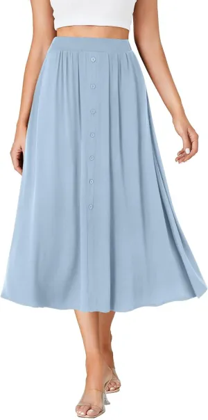LYANER Women's High Elastic Waist Pleated Flare A Line Midi Skirt with Pockets