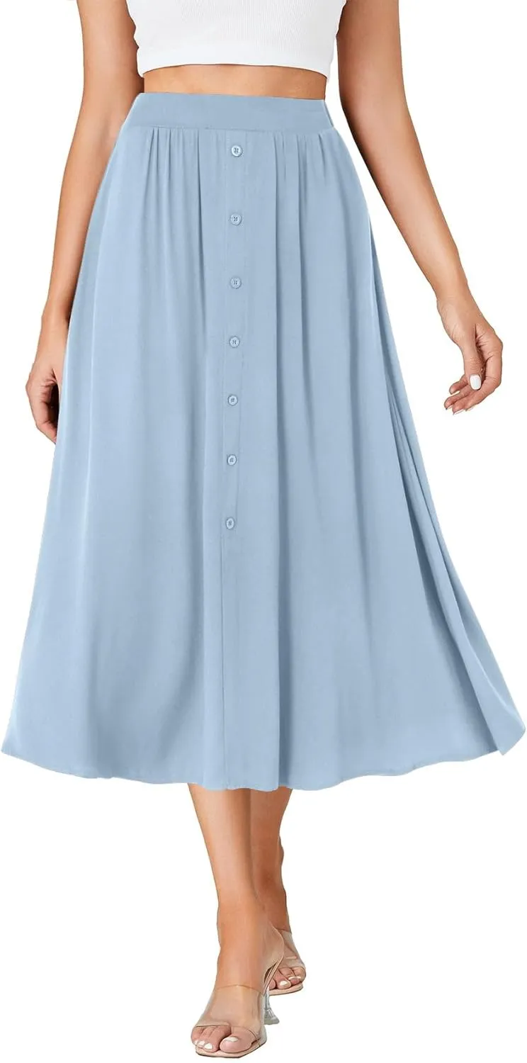 LYANER Women's High Elastic Waist Pleated Flare A Line Midi Skirt with Pockets