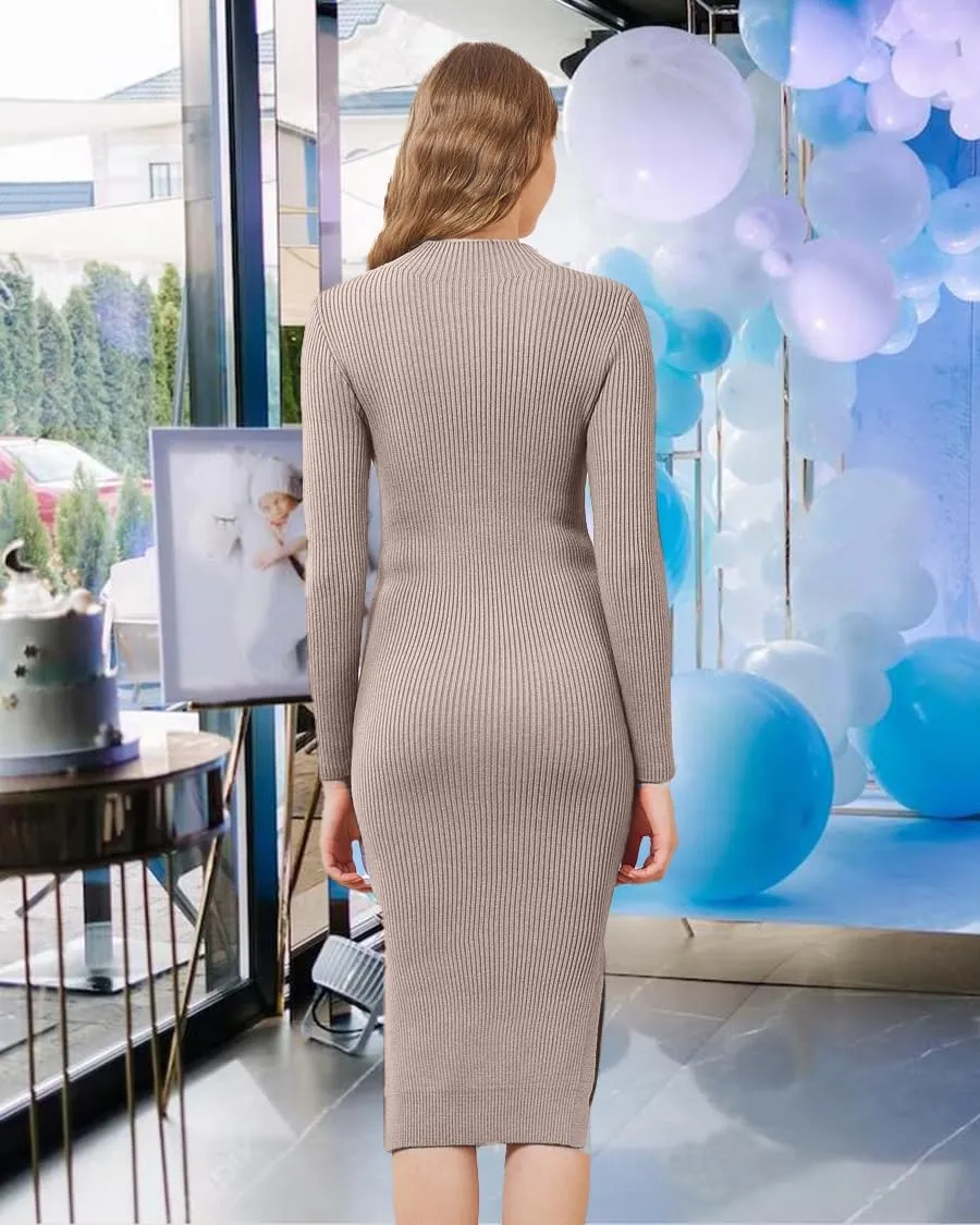 Maternity Sweater Dress Long Sleeve Turtleneck Ribbed Side Slit Bodycon Nursing Midi Dress Pregnancy Clothes