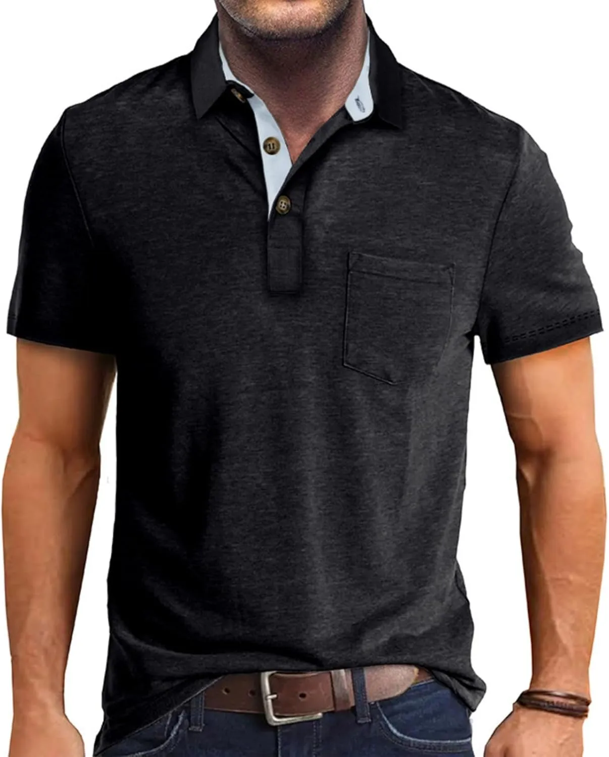 Men Polo Shirt Short Sleeve Casual Classic Cotton Summer Collar Shirts Button Solid Color Basic Polo T Shirt with Pocket