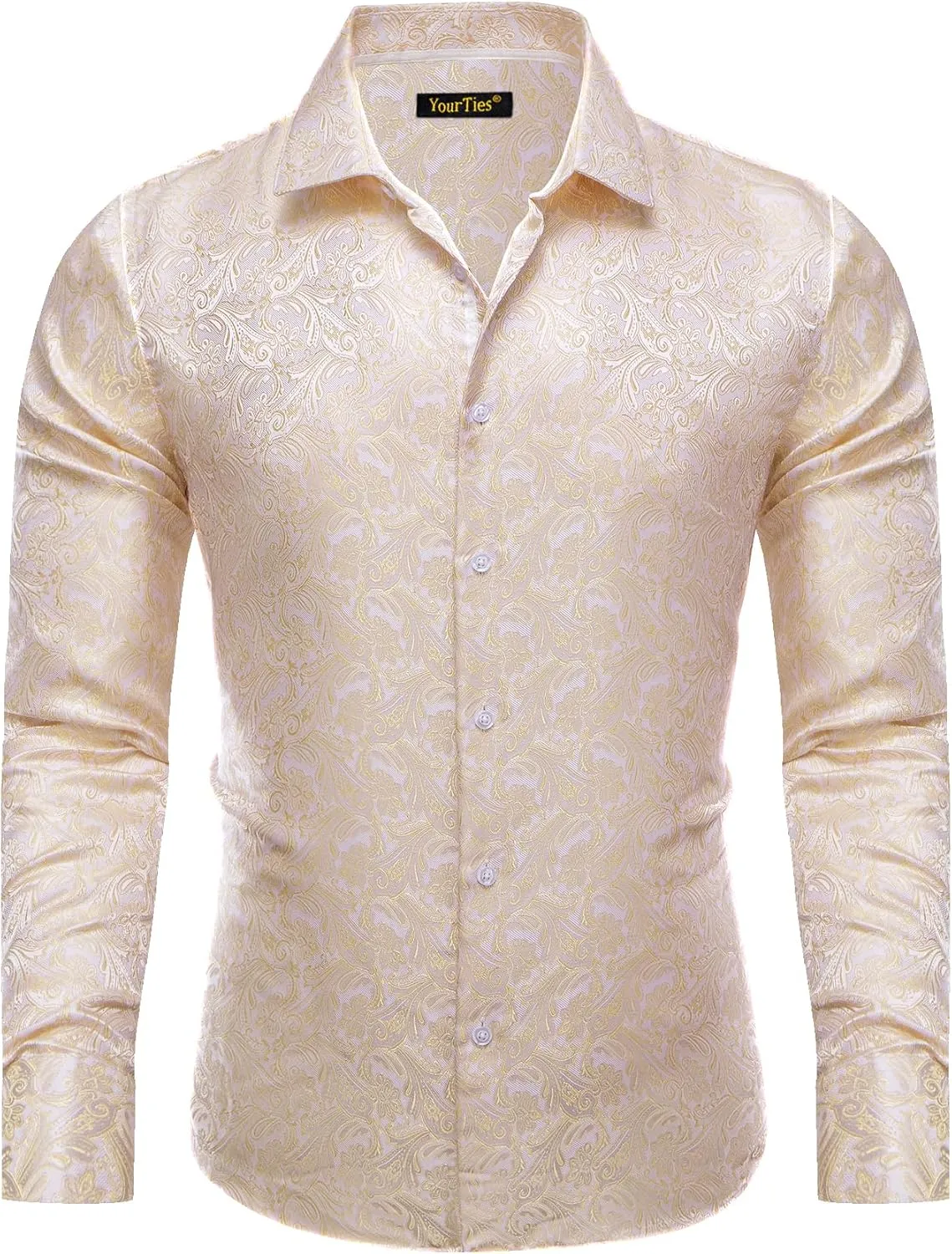 Mens Dress Shirt Silk Long Sleeve Button Up Shirts Retro Floral Tuxedo Shirts for Wedding Party Events