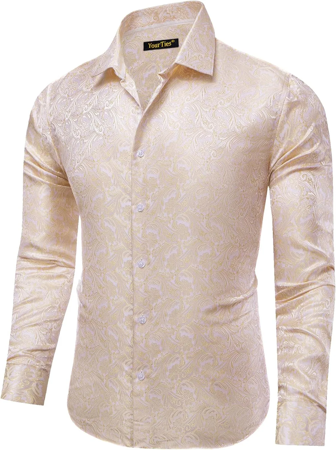 Mens Dress Shirt Silk Long Sleeve Button Up Shirts Retro Floral Tuxedo Shirts for Wedding Party Events