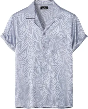 Mens Shiny Satin Silk-Like Designer Shirt Summer Regular Fit Short Sleeve Button Up Floral Shirt with Pocket