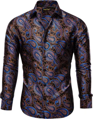 Mens Silk Paisley Dress Shirt Casual Button Down Shirt Long Sleeve Western Floral Shirts Wedding Party Holiday