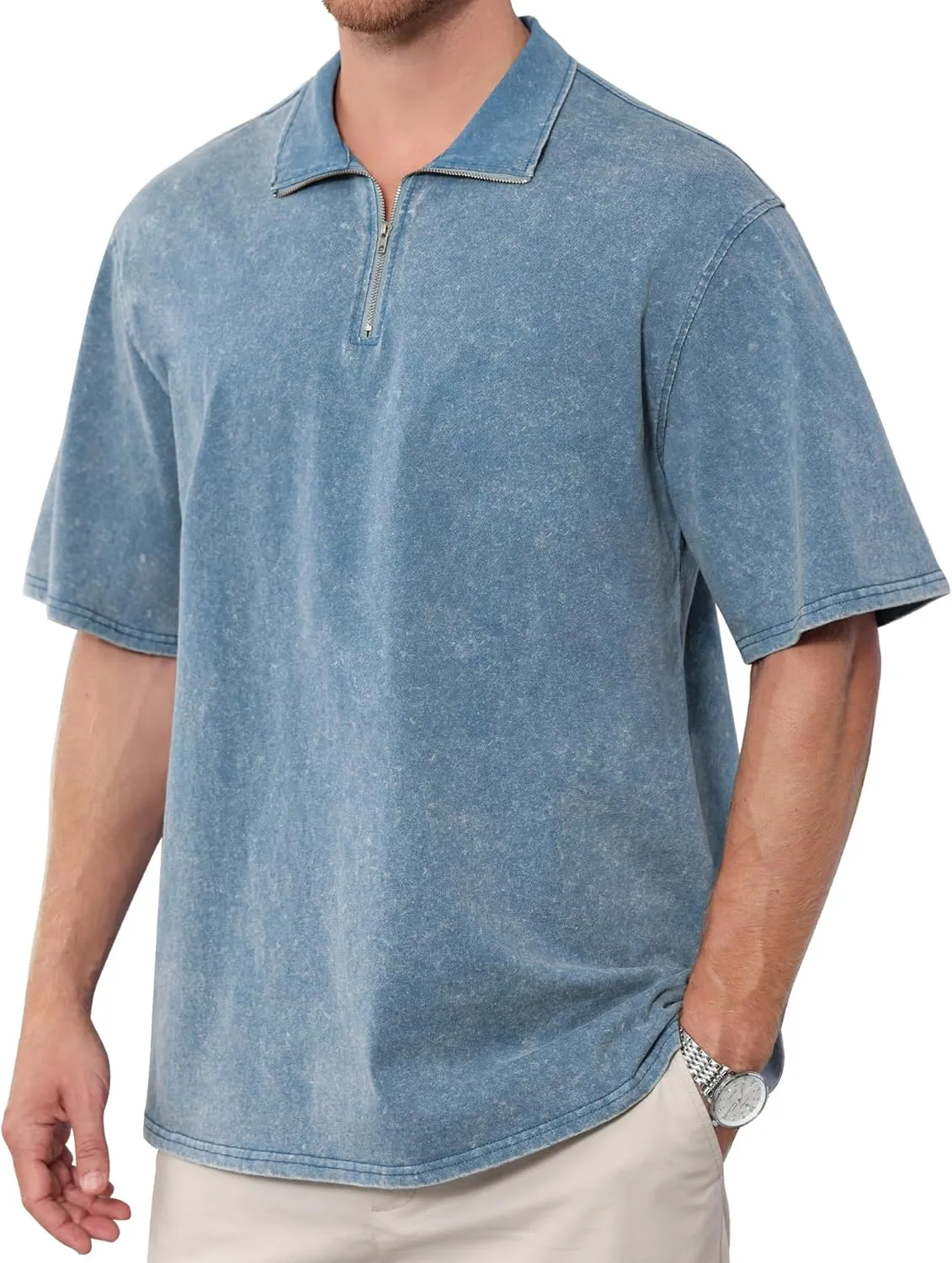 Men's Zipper Polo Shirts Short Sleeve Distressed Washed Cotton T Shirt Solid Casual Summer Tee Tops