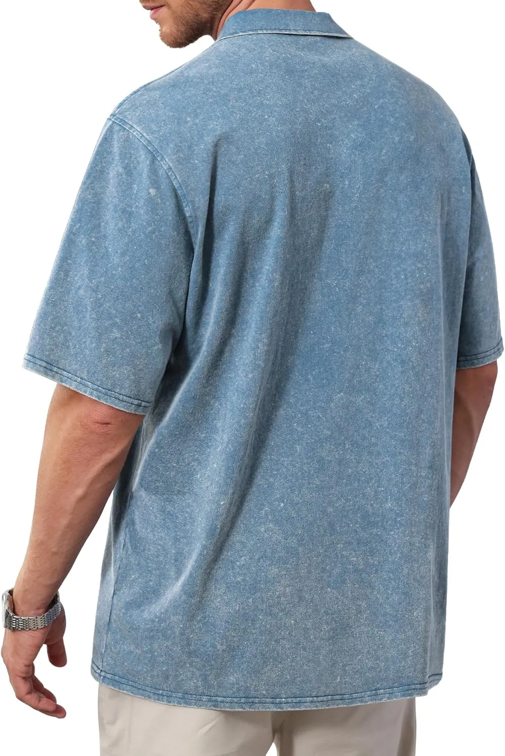 Men's Zipper Polo Shirts Short Sleeve Distressed Washed Cotton T Shirt Solid Casual Summer Tee Tops