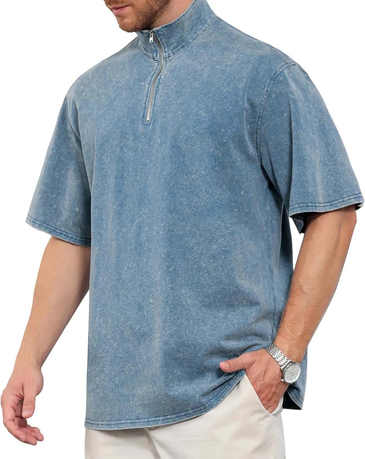 Men's Zipper Polo Shirts Short Sleeve Distressed Washed Cotton T Shirt Solid Casual Summer Tee Tops