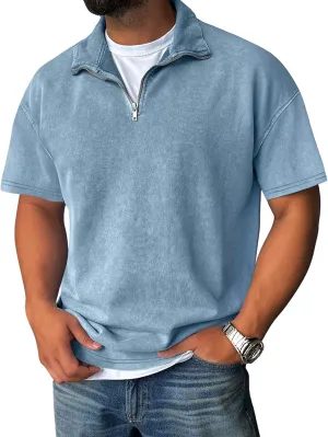 Men's Zipper Polo Shirts Short Sleeve Distressed Washed Cotton T Shirt Solid Casual Summer Tee Tops