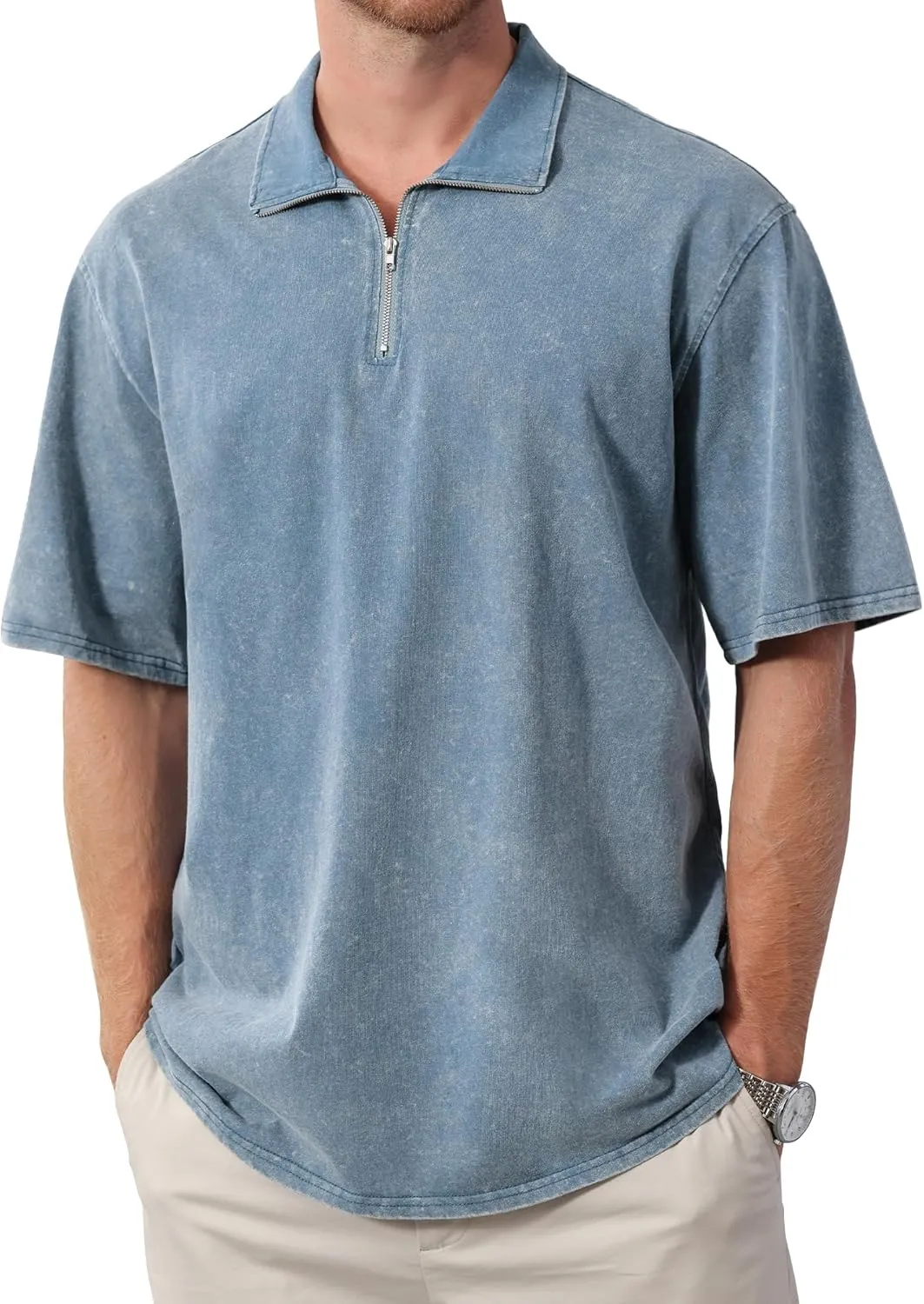 Men's Zipper Polo Shirts Short Sleeve Distressed Washed Cotton T Shirt Solid Casual Summer Tee Tops