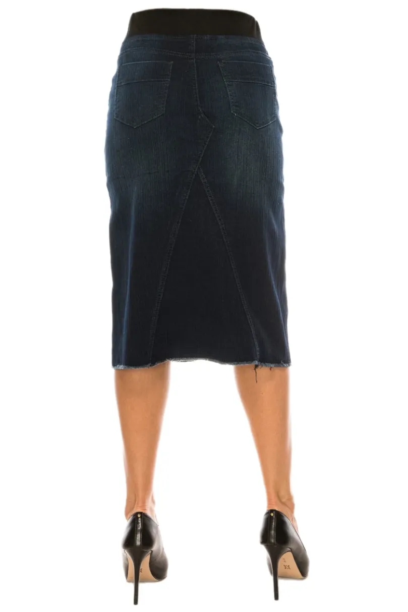 Mid Length Denim Skirt Style with Elastic Waist  79060 in Dark Indigo