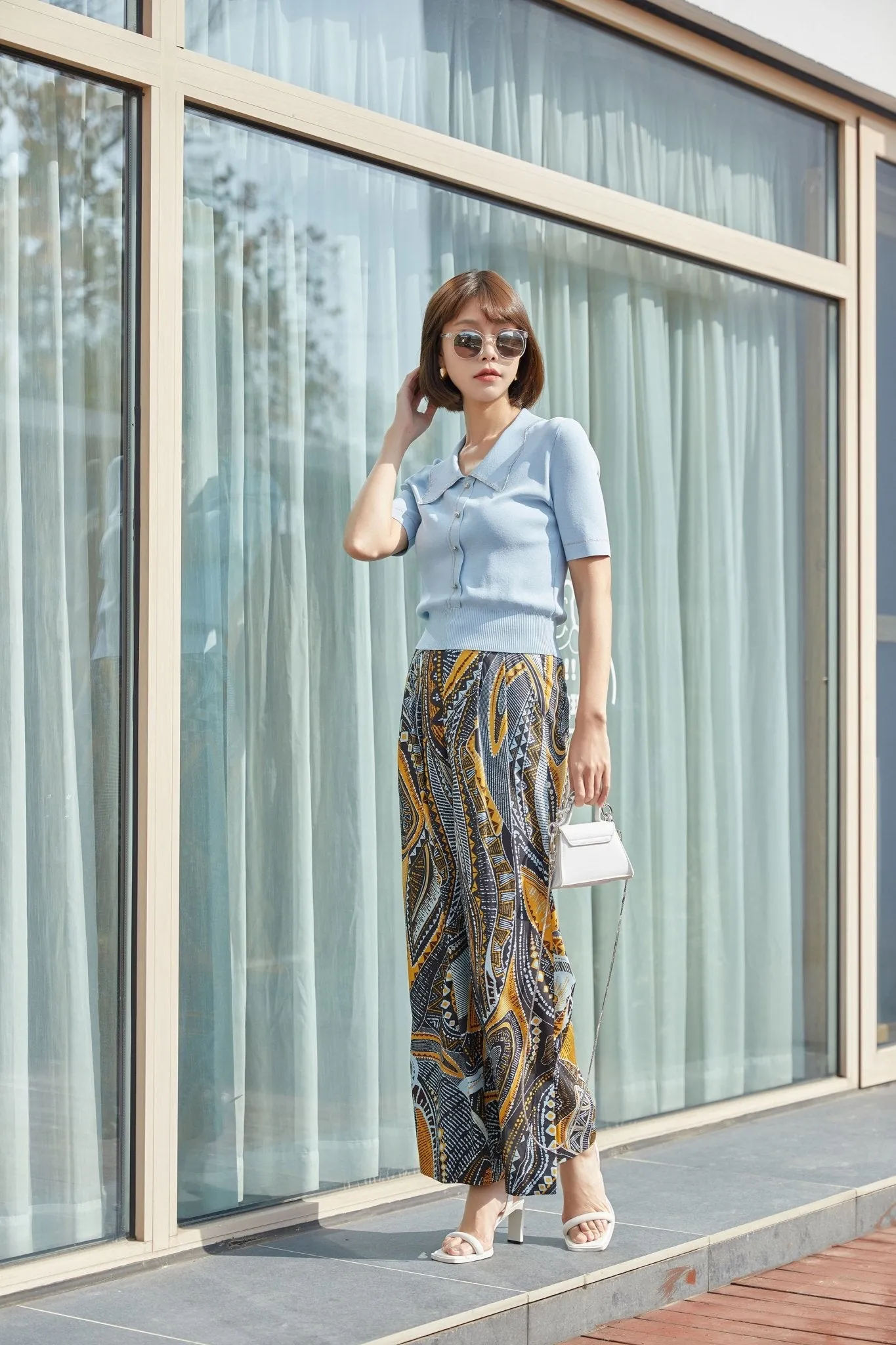 Mist Blue Butterfly Collar Knitted T-shirt