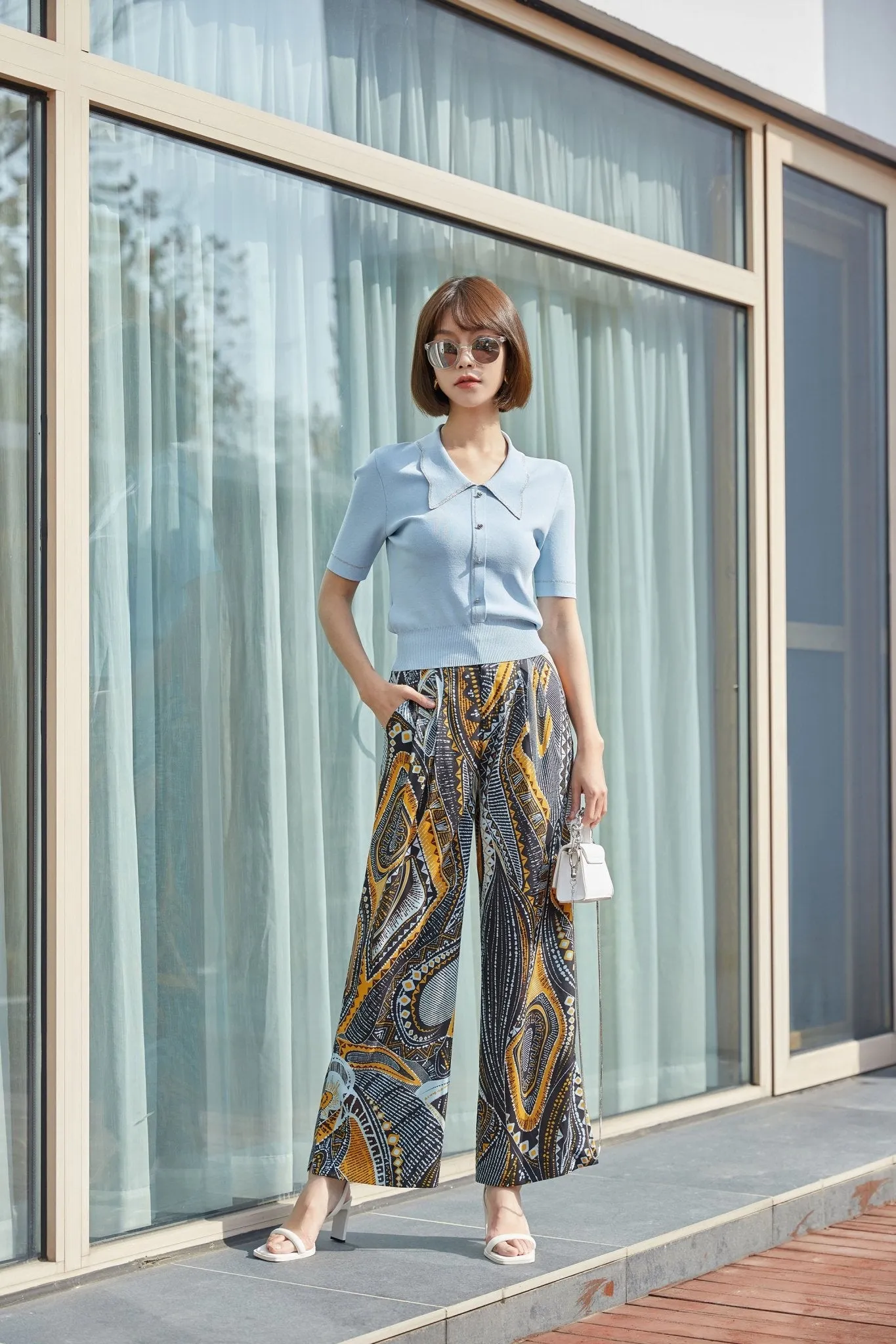 Mist Blue Butterfly Collar Knitted T-shirt