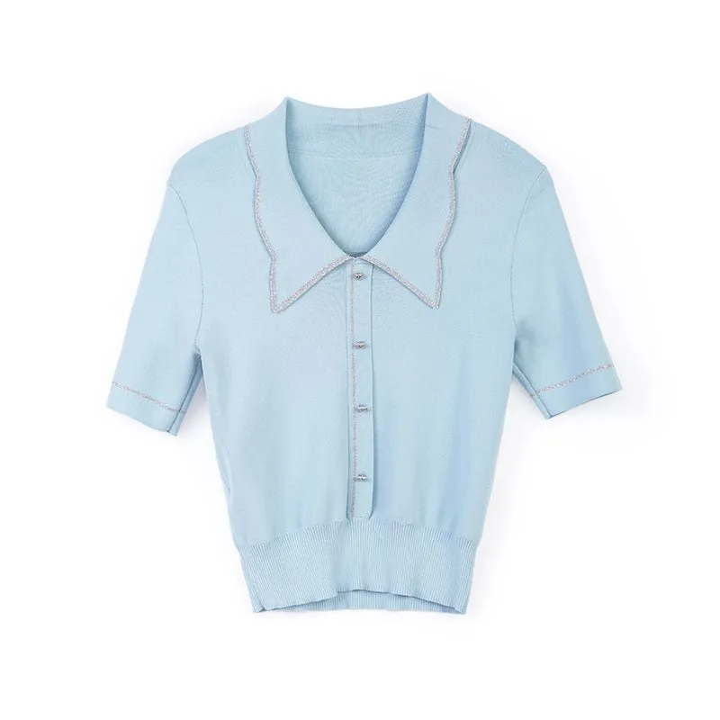 Mist Blue Butterfly Collar Knitted T-shirt