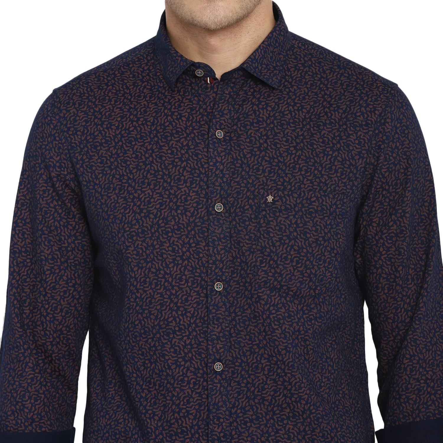 Navy Cotton Printed Slim Fit Shirt