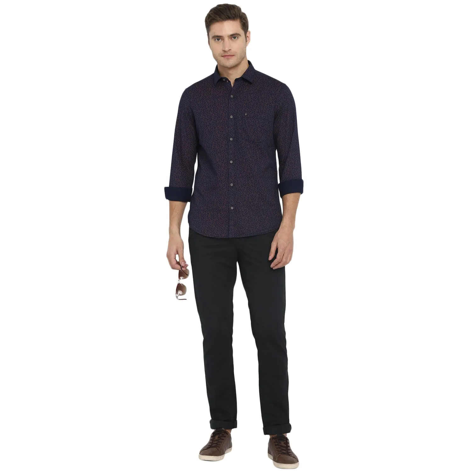 Navy Cotton Printed Slim Fit Shirt