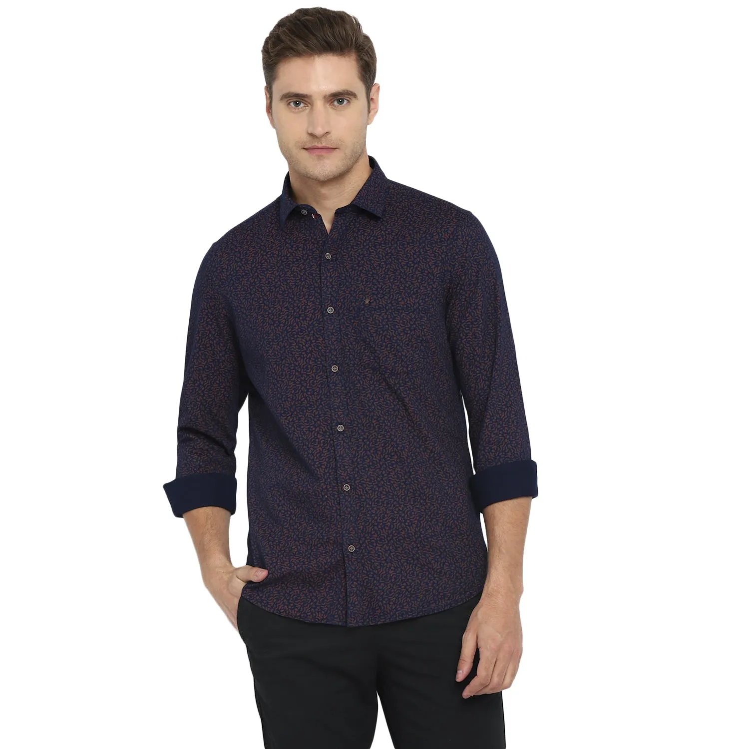 Navy Cotton Printed Slim Fit Shirt