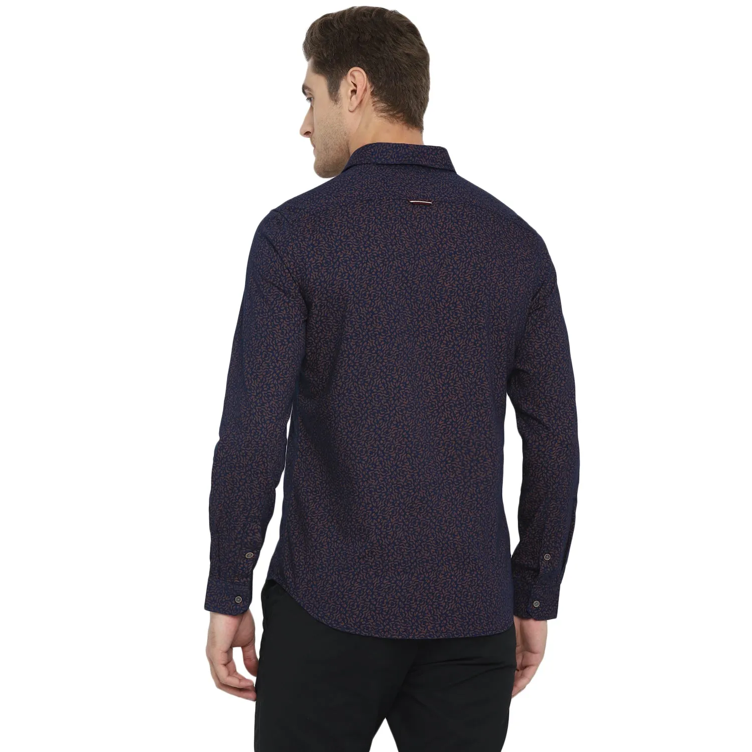 Navy Cotton Printed Slim Fit Shirt