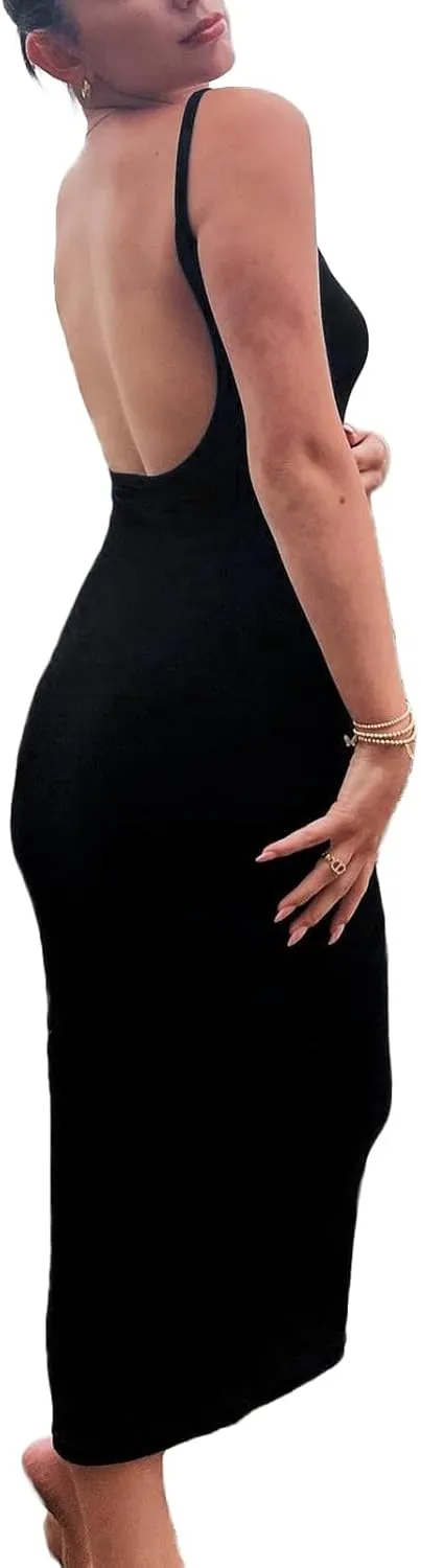 NUFIWI Women Hollow Out Backless Maxi Dress Knitted Spaghetti Strap Bandage Long Dresses Low Cut Bodycon Party Dress