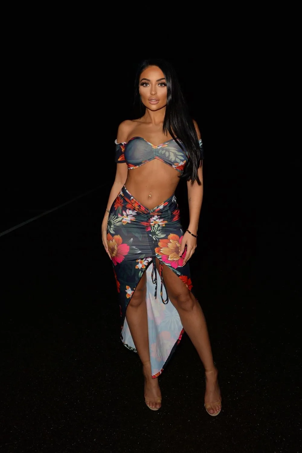 Obsession Black Floral Cropped Top Rauched Skirt Two Piece Co Ord Set