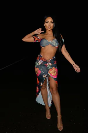 Obsession Black Floral Cropped Top Rauched Skirt Two Piece Co Ord Set