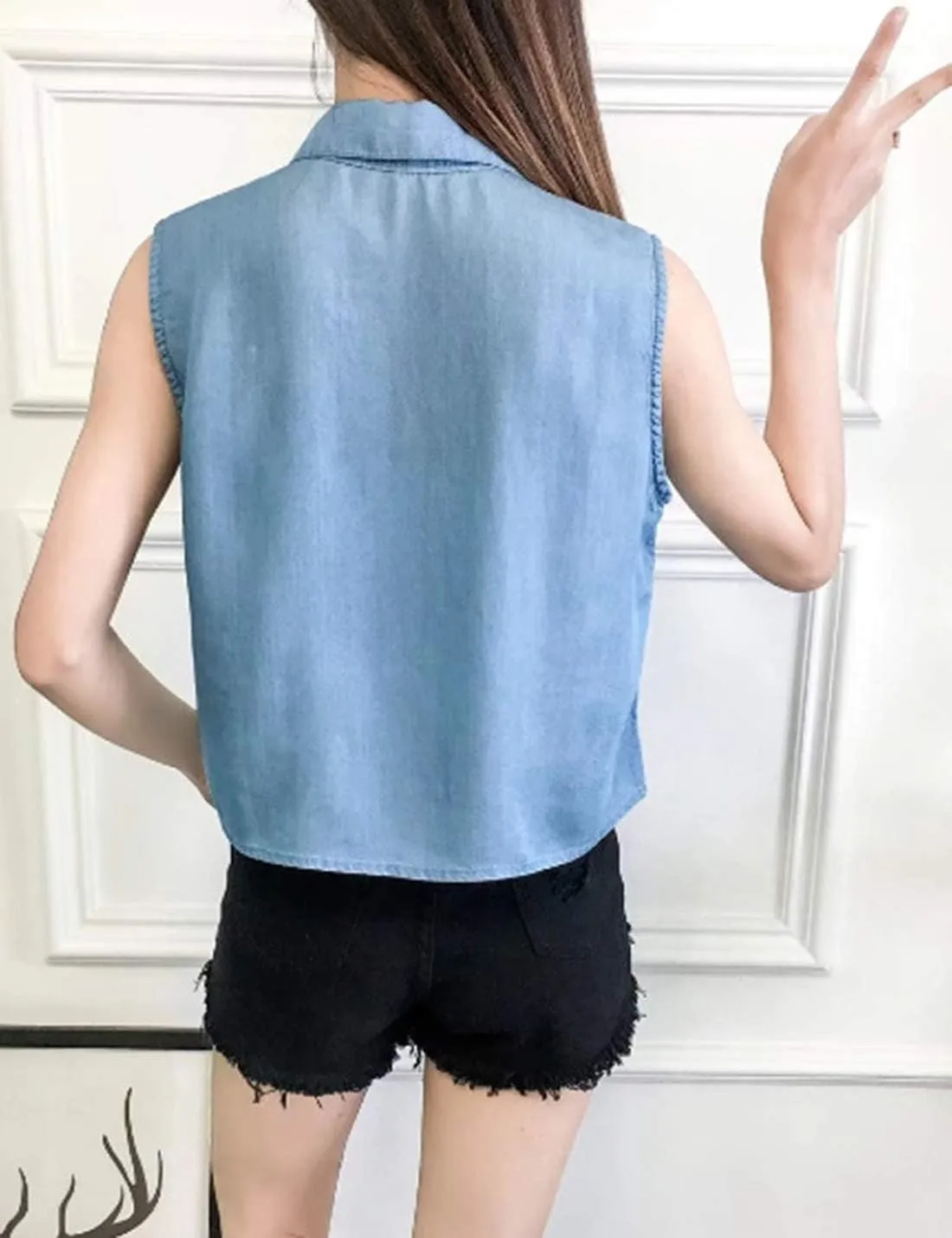 Omoone Women's 3/4 Sleeve Denim Crop Top Tie Knot Shirt Cardigan