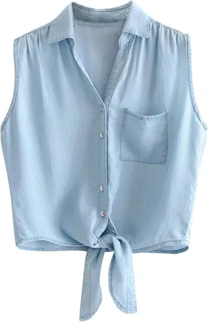 Omoone Women's 3/4 Sleeve Denim Crop Top Tie Knot Shirt Cardigan