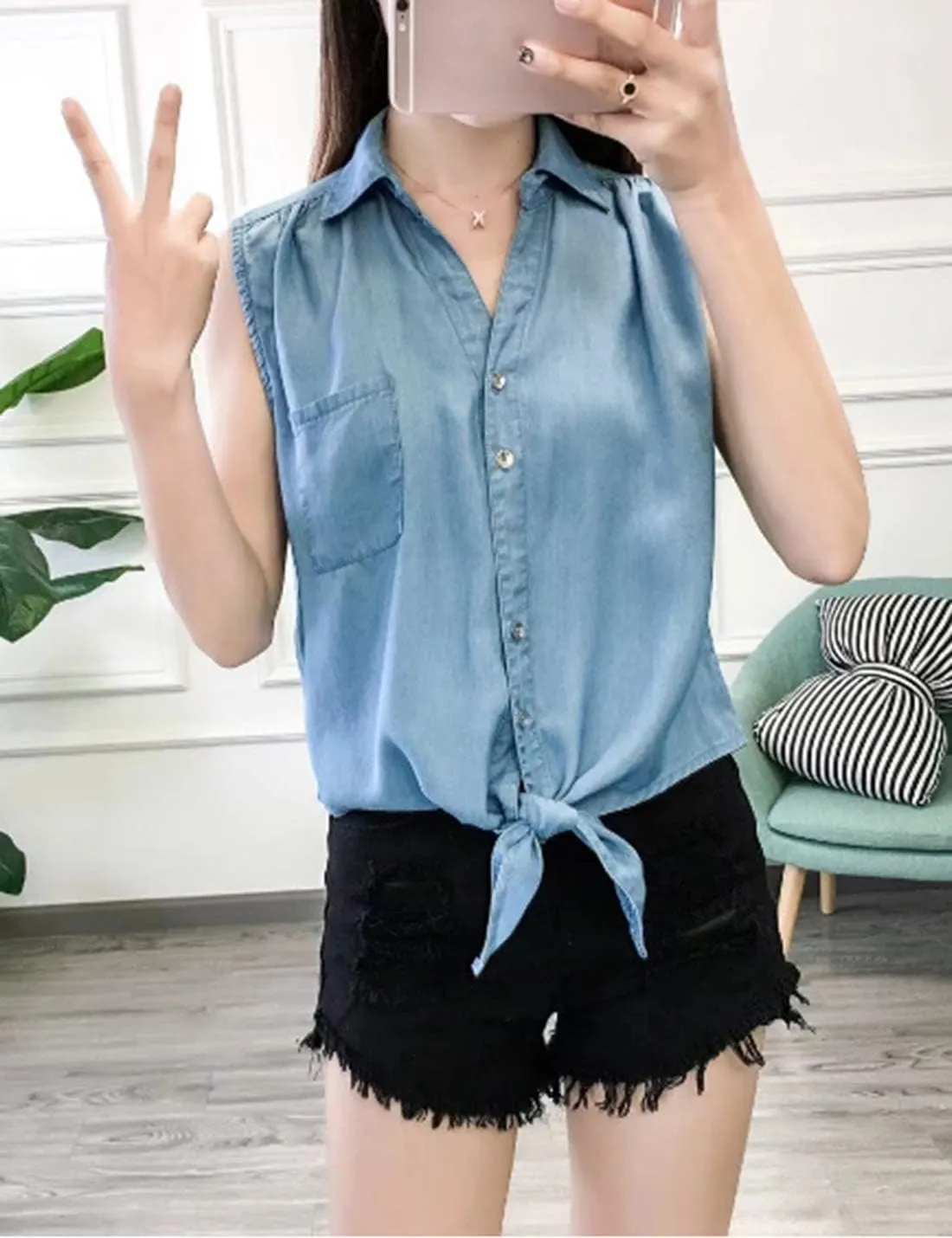 Omoone Women's 3/4 Sleeve Denim Crop Top Tie Knot Shirt Cardigan