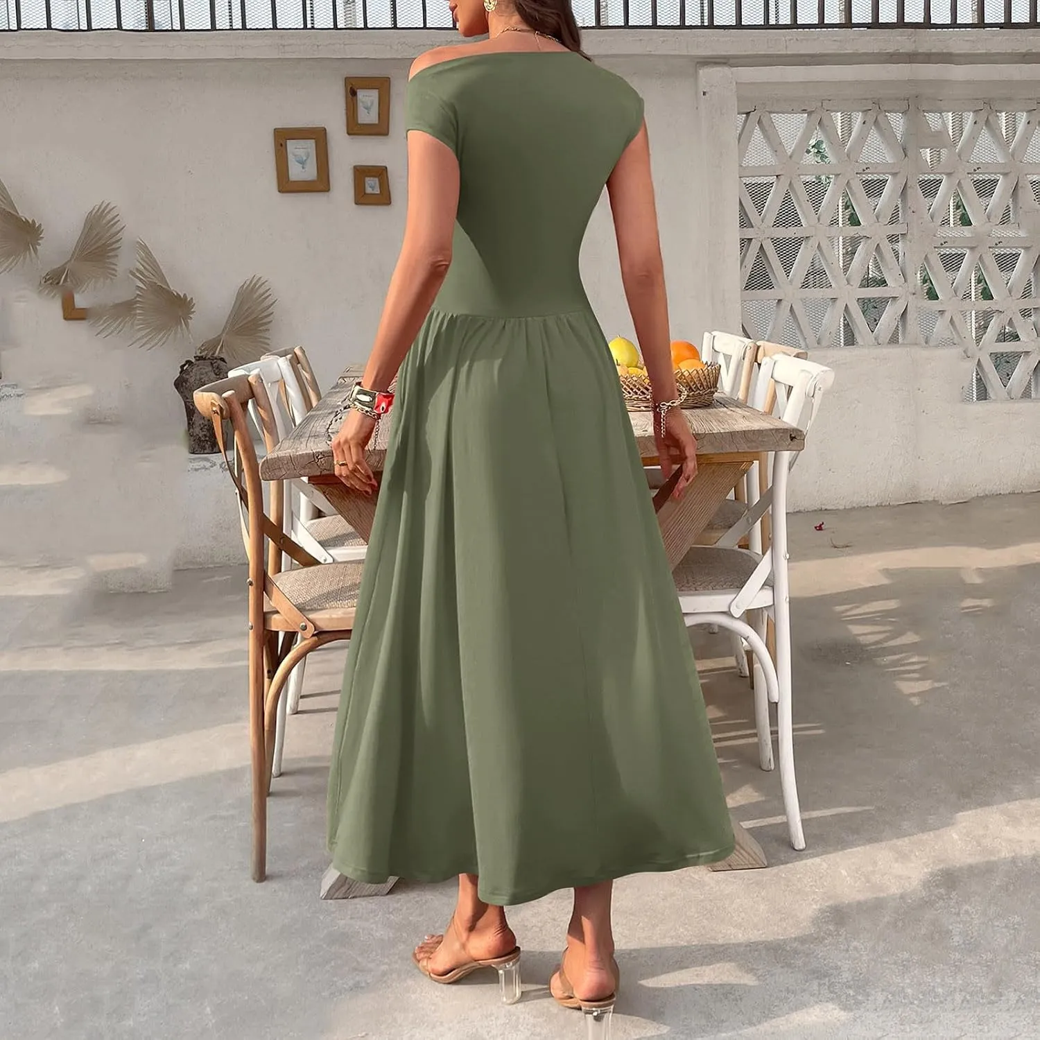 Oplxuo Womens Summer Sleeveless Maxi Dress One Shoulder Casual A-Line Swing Pleated Long Dresses with Pockets