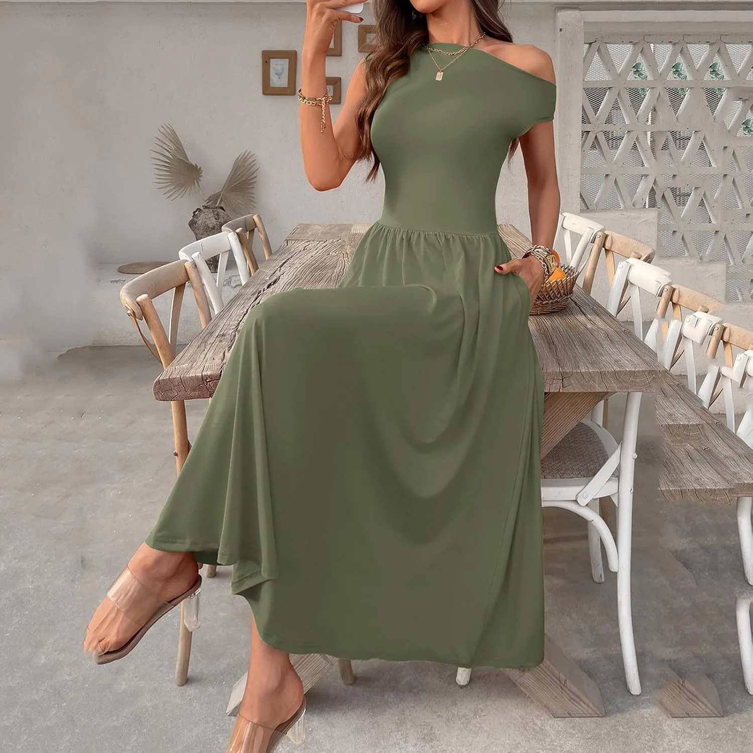 Oplxuo Womens Summer Sleeveless Maxi Dress One Shoulder Casual A-Line Swing Pleated Long Dresses with Pockets