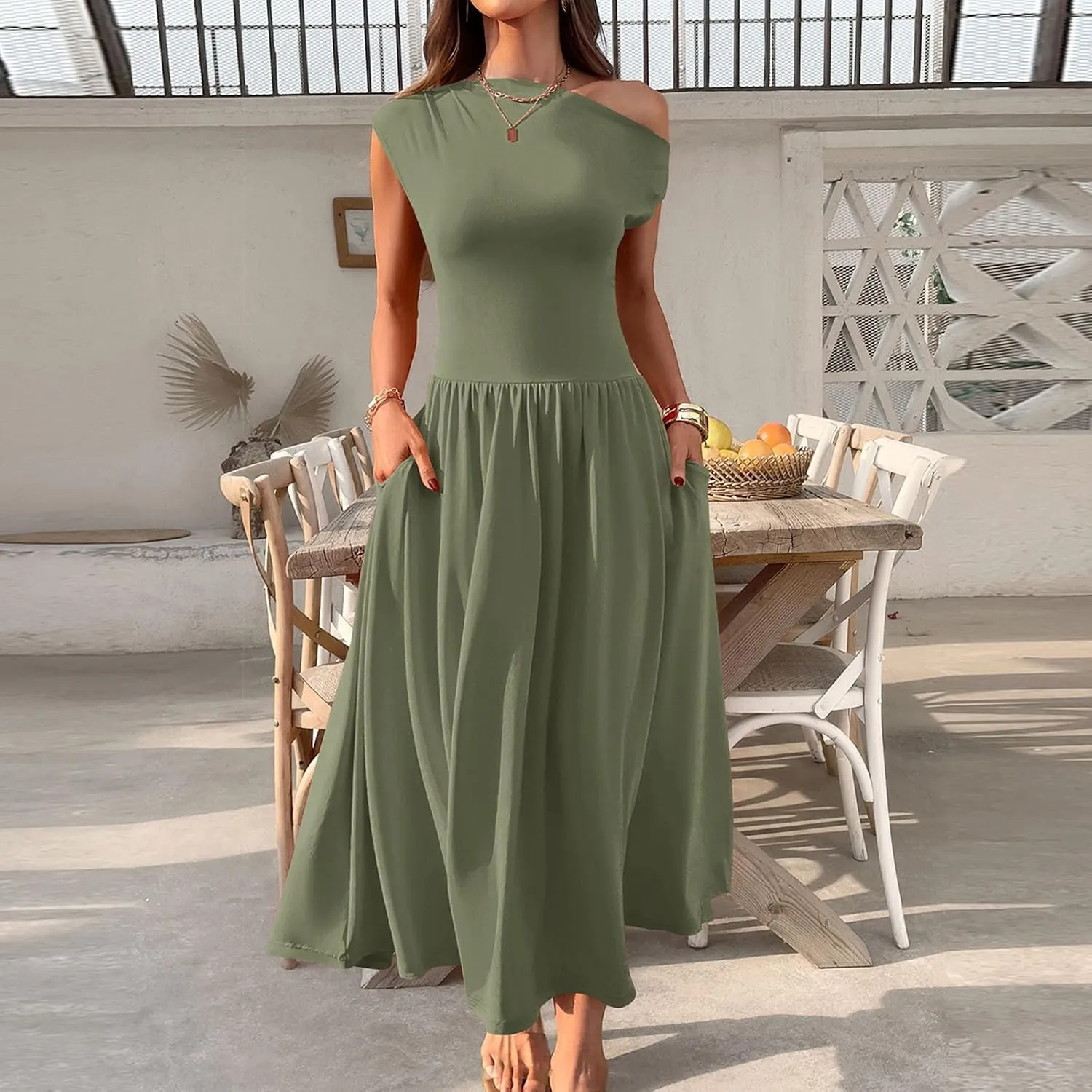 Oplxuo Womens Summer Sleeveless Maxi Dress One Shoulder Casual A-Line Swing Pleated Long Dresses with Pockets