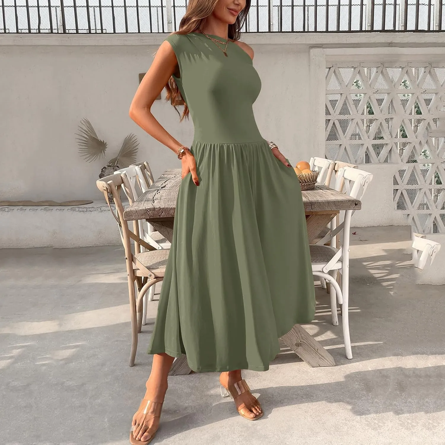Oplxuo Womens Summer Sleeveless Maxi Dress One Shoulder Casual A-Line Swing Pleated Long Dresses with Pockets