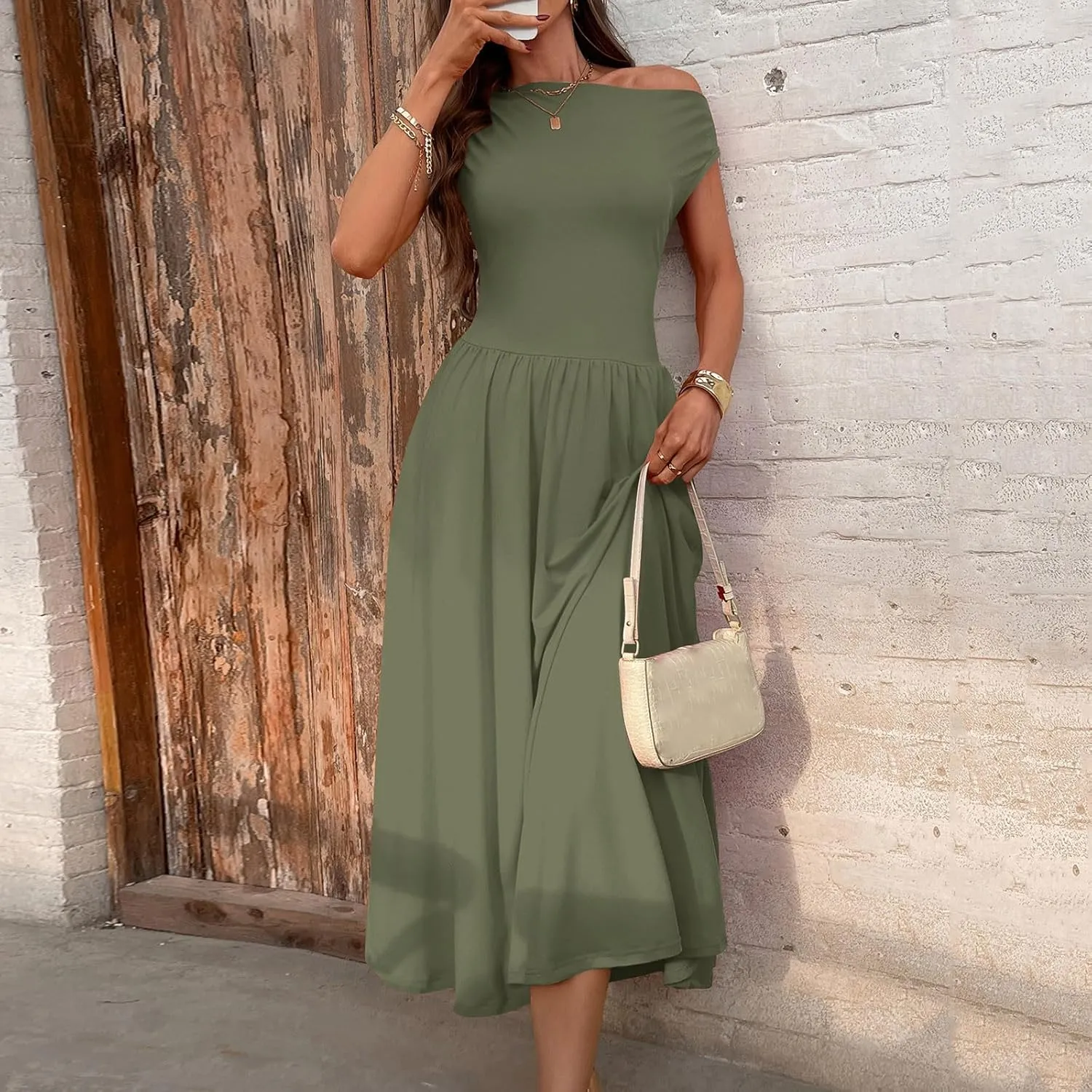 Oplxuo Womens Summer Sleeveless Maxi Dress One Shoulder Casual A-Line Swing Pleated Long Dresses with Pockets