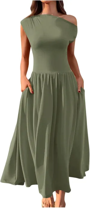 Oplxuo Womens Summer Sleeveless Maxi Dress One Shoulder Casual A-Line Swing Pleated Long Dresses with Pockets