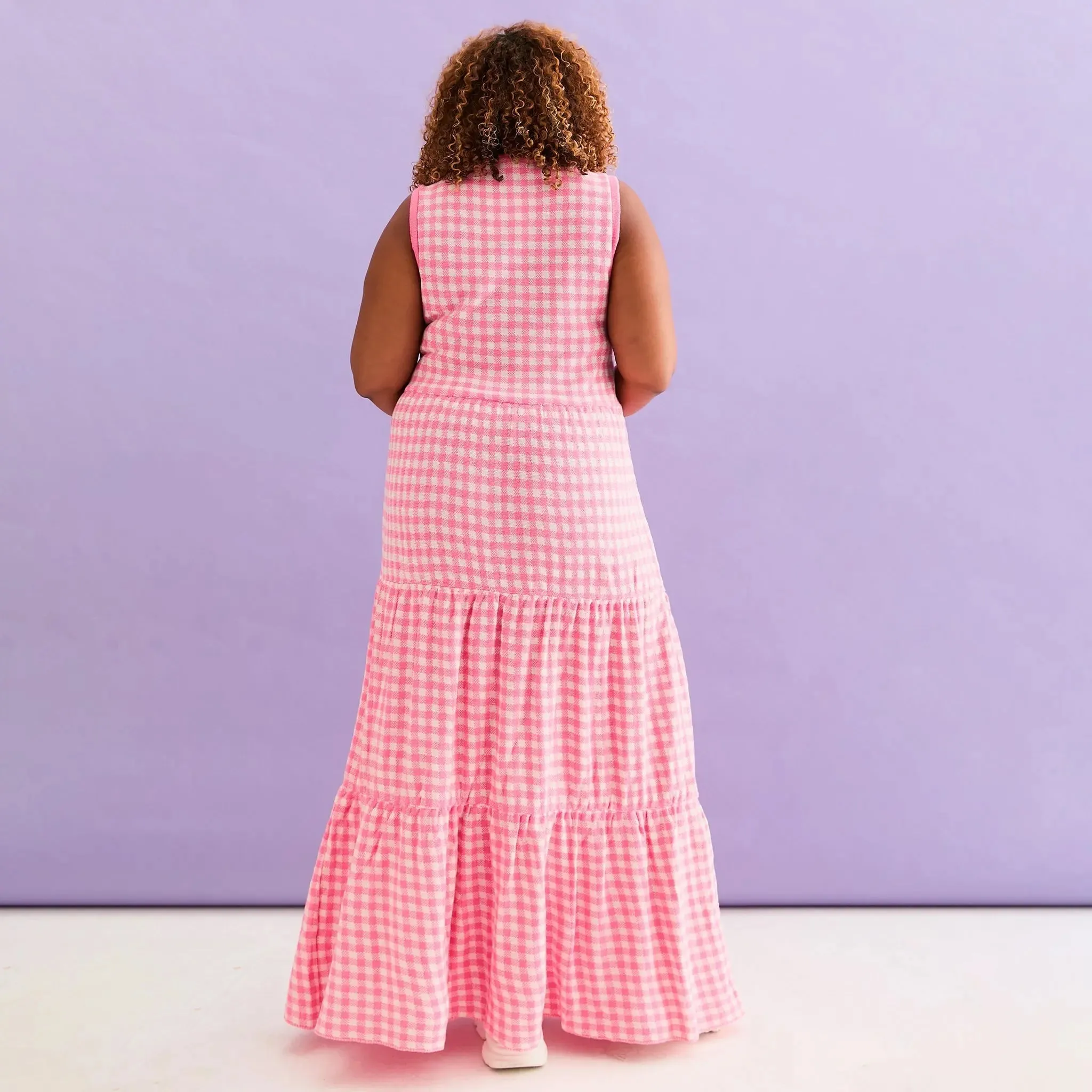 Paula Gingham Cotton Knitted Maxi Dress - Hot Pink
