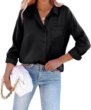 Pausus Satin Button Down Shirts for Women Long Sleeve Slim Fit Office Blouses Casual Business Silk Tops with Pocket S-XXL