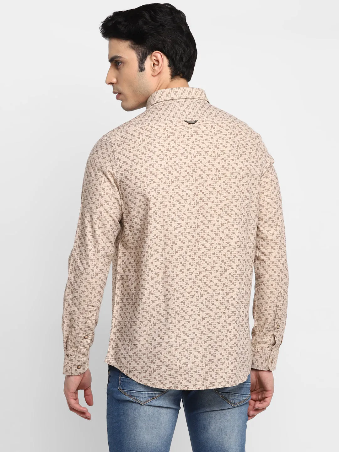 Printed Beige Slim Fit Casual Shirt For Men