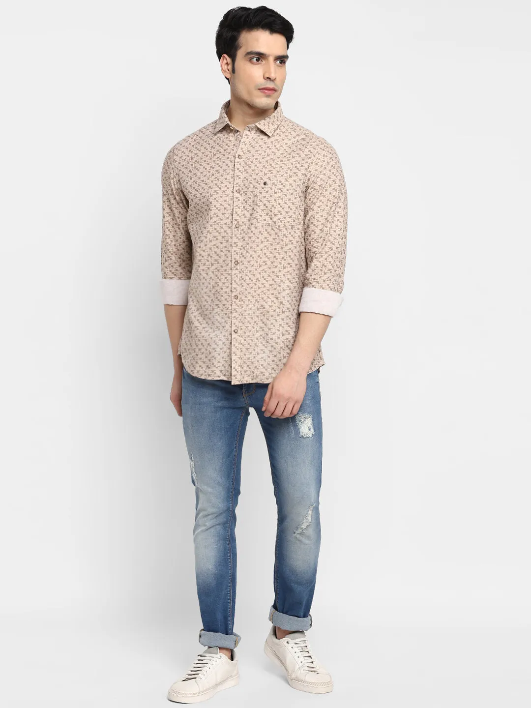 Printed Beige Slim Fit Casual Shirt For Men