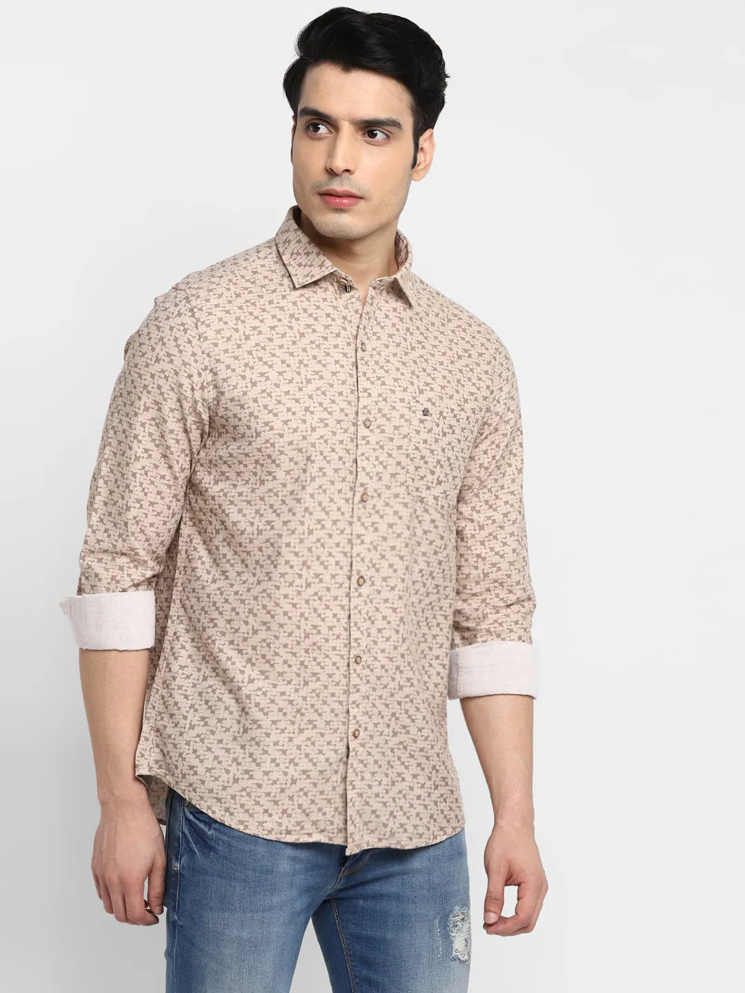 Printed Beige Slim Fit Casual Shirt For Men