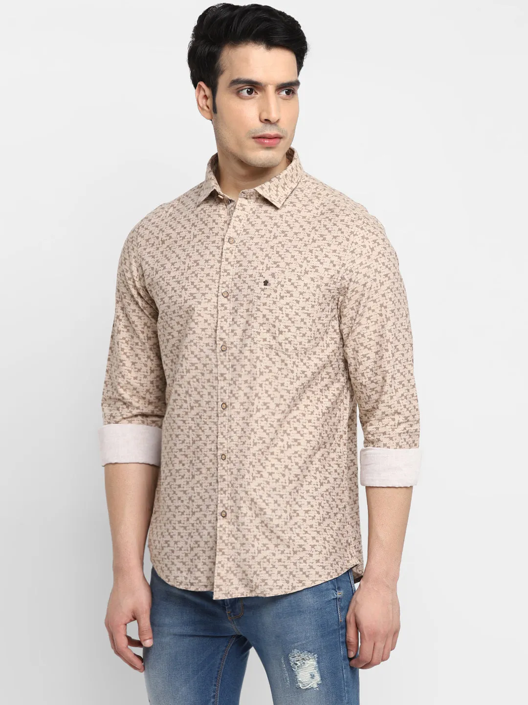 Printed Beige Slim Fit Casual Shirt For Men