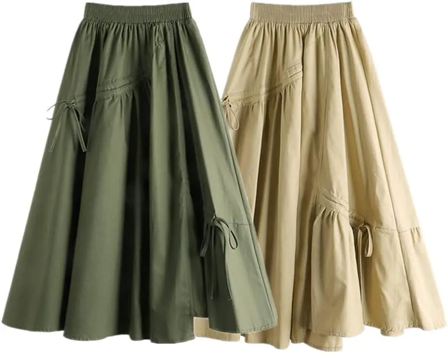Pulcykp High Waist Thin Long Irregular Drawstring Bow Large Swing Skirt Solid Umbrella Skirt