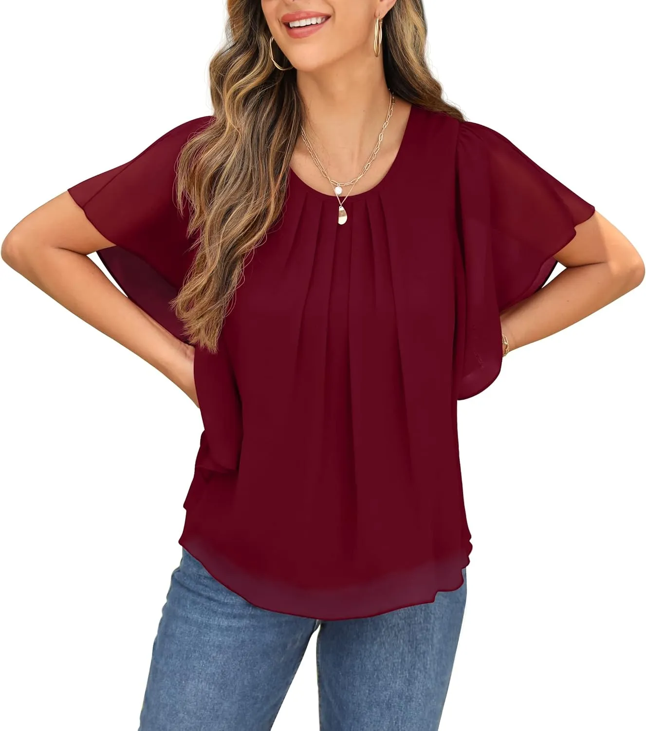 QIXING Summer Casual Loose Round Neck Chiffon Flowy Tops Blouses for Women