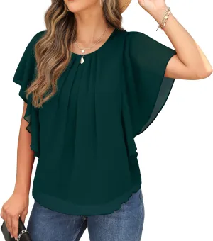 QIXING Summer Casual Loose Round Neck Chiffon Flowy Tops Blouses for Women