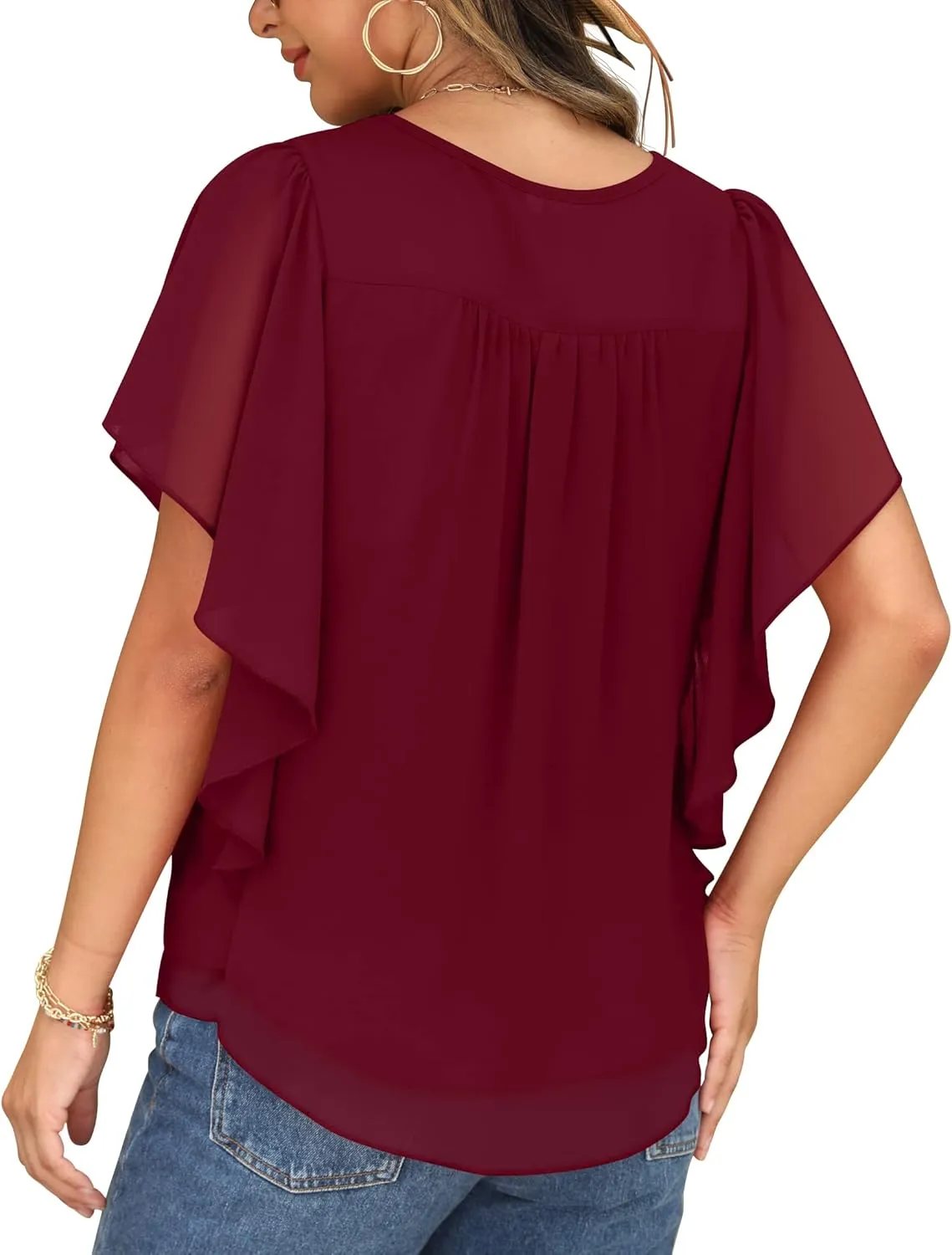 QIXING Summer Casual Loose Round Neck Chiffon Flowy Tops Blouses for Women