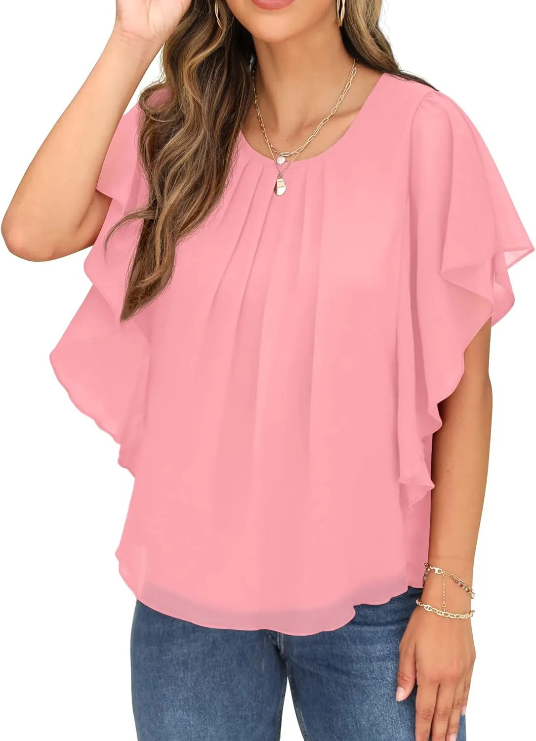 QIXING Summer Casual Loose Round Neck Chiffon Flowy Tops Blouses for Women
