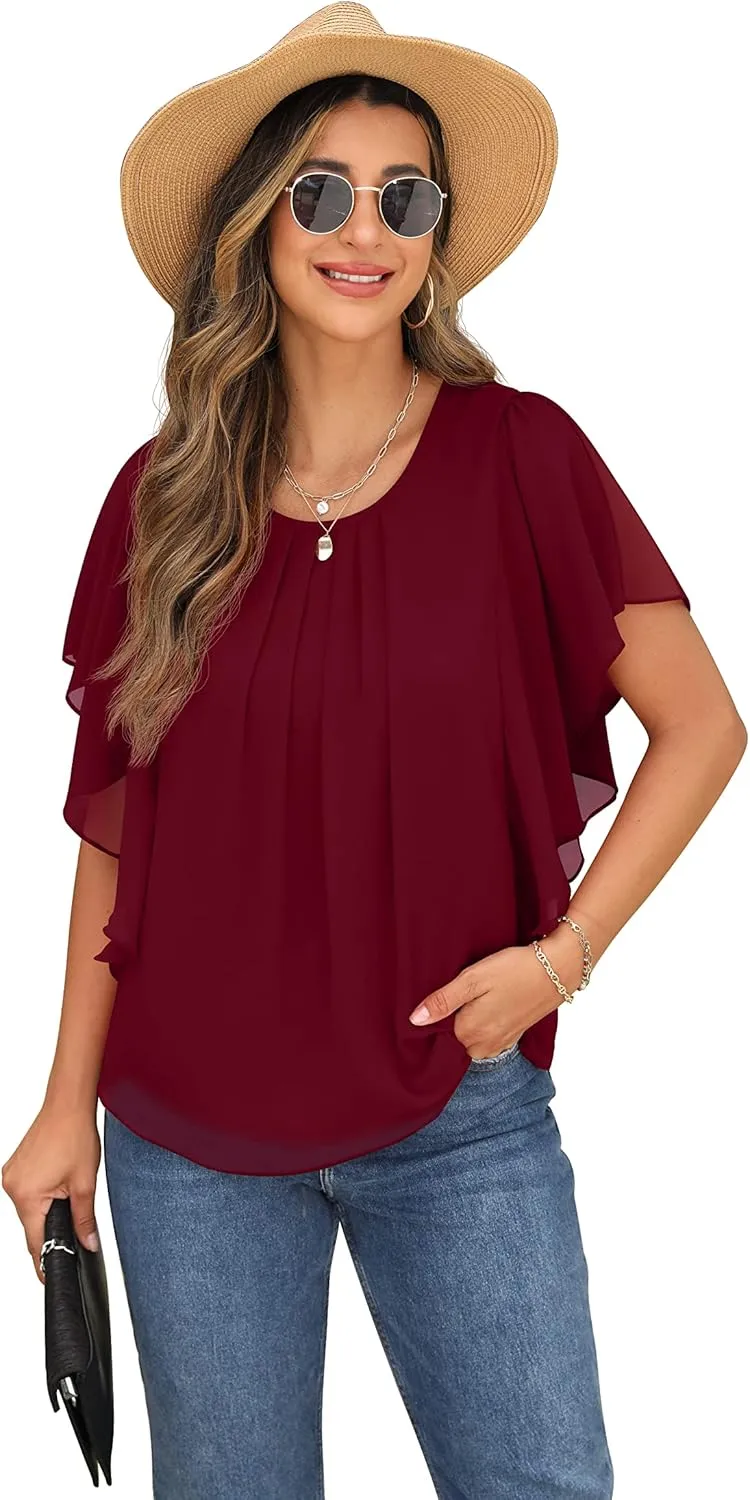 QIXING Summer Casual Loose Round Neck Chiffon Flowy Tops Blouses for Women
