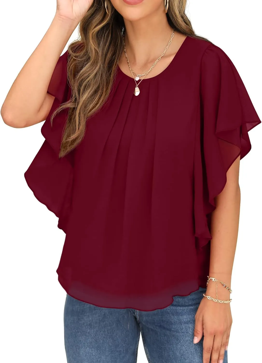 QIXING Summer Casual Loose Round Neck Chiffon Flowy Tops Blouses for Women