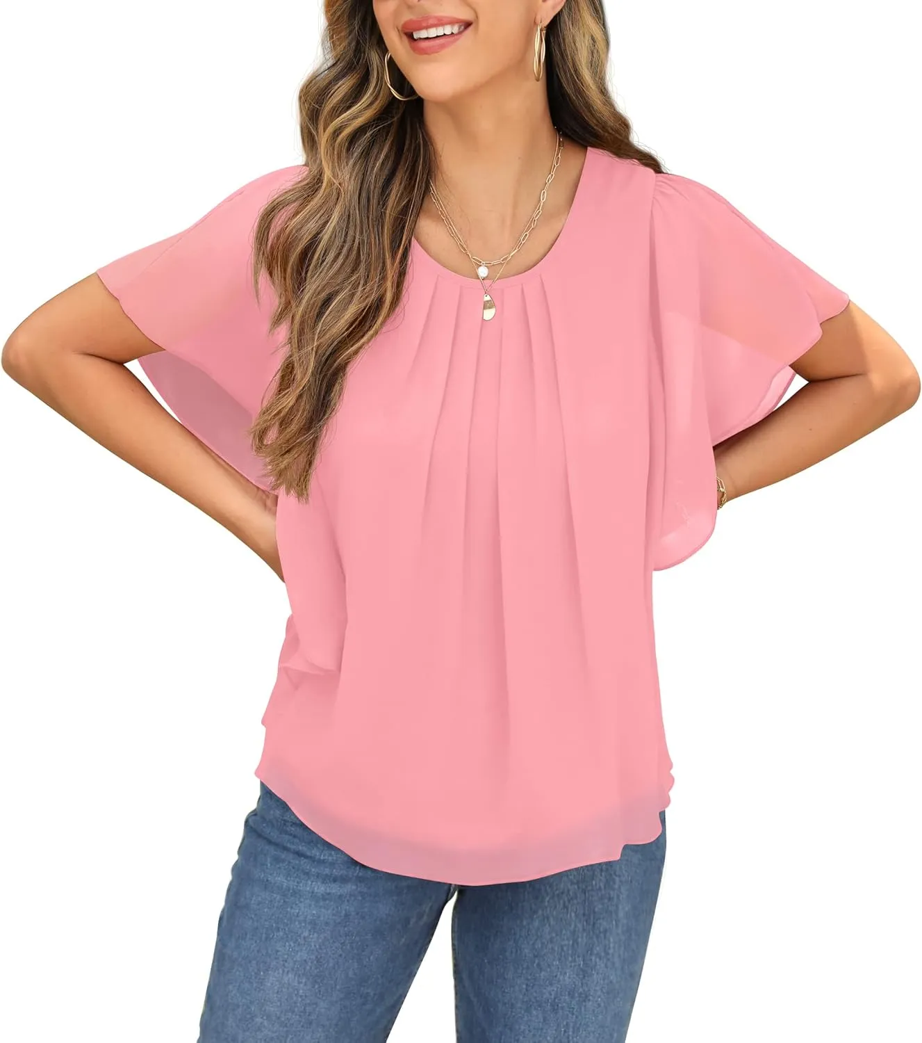QIXING Summer Casual Loose Round Neck Chiffon Flowy Tops Blouses for Women