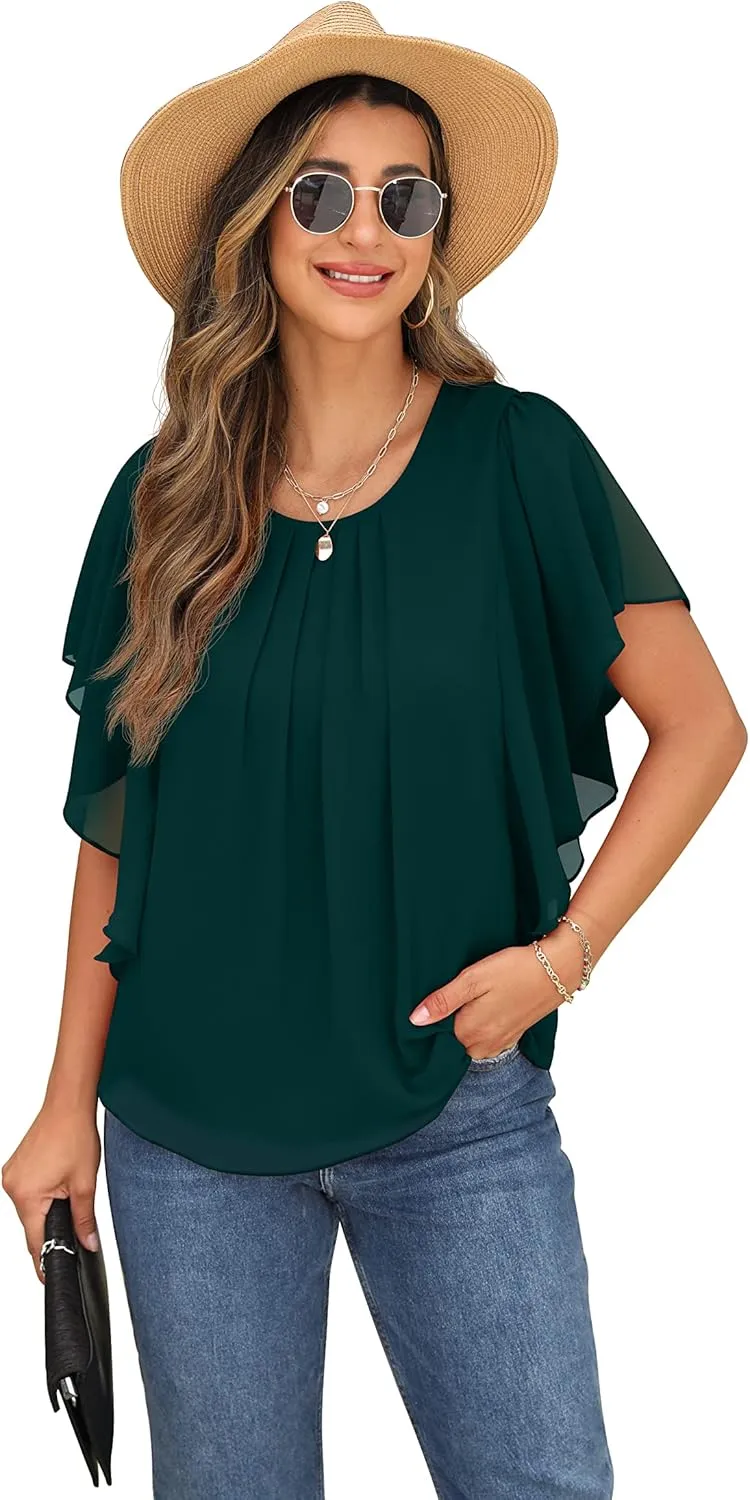 QIXING Summer Casual Loose Round Neck Chiffon Flowy Tops Blouses for Women